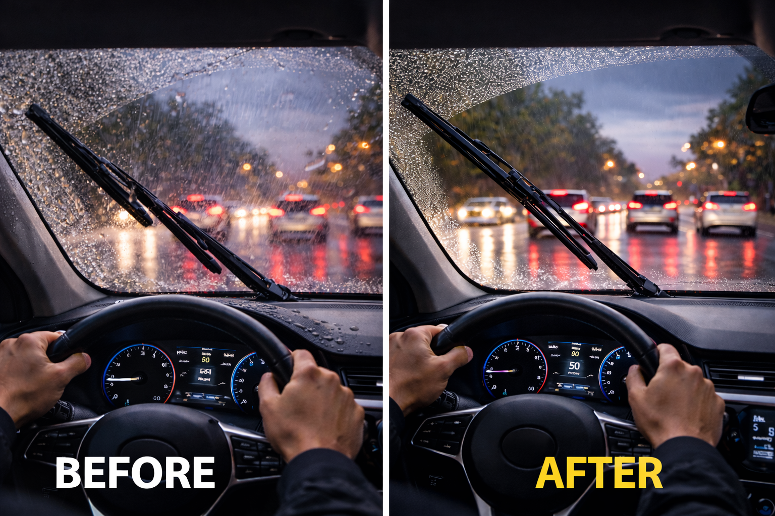와이퍼 작업 전후 시야 차이를 보여주는 비교 이미지